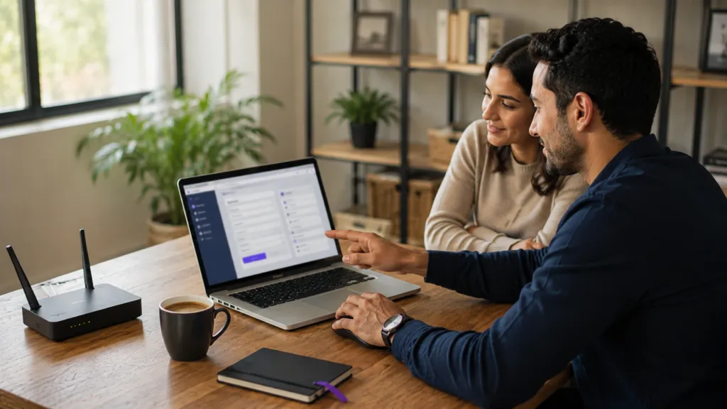 Deux personnes configurant ensemble l'hébergement et les emails professionnels sur ordinateur portable
