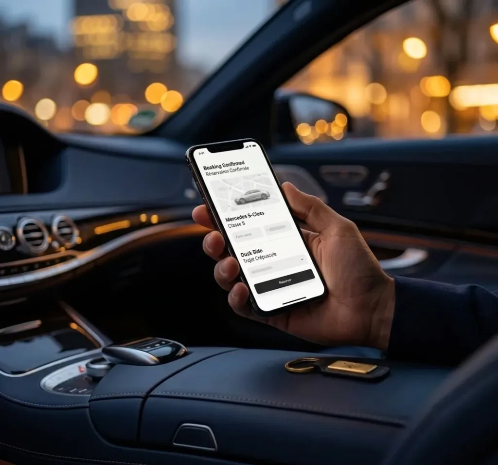 Réservation d'un chauffeur privé Guiras via smartphone à bord d'une Mercedes S-Class, tableau de bord cuir bleu marine