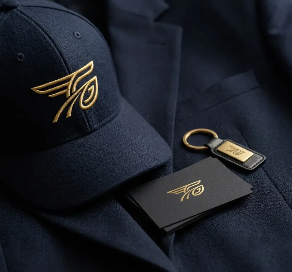 Casquette et cartes de visite Guiras avec logo brodé fil d'or sur fond bleu marine — identité de marque chauffeur privé Paris