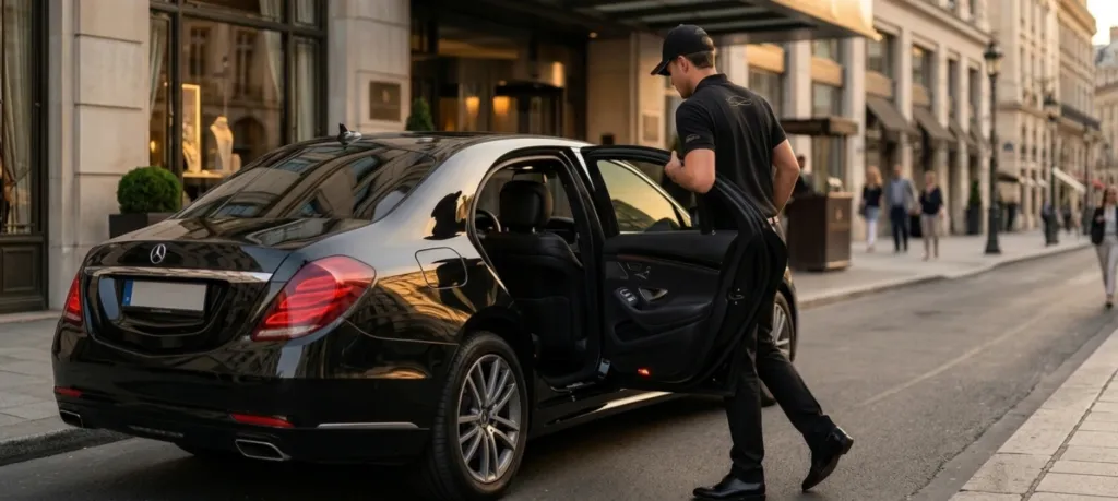 Macro de l'emblème brodé fil d'or Soft Driver Taxi sur tissu noir, détail de l'identité de marque chauffeur privé