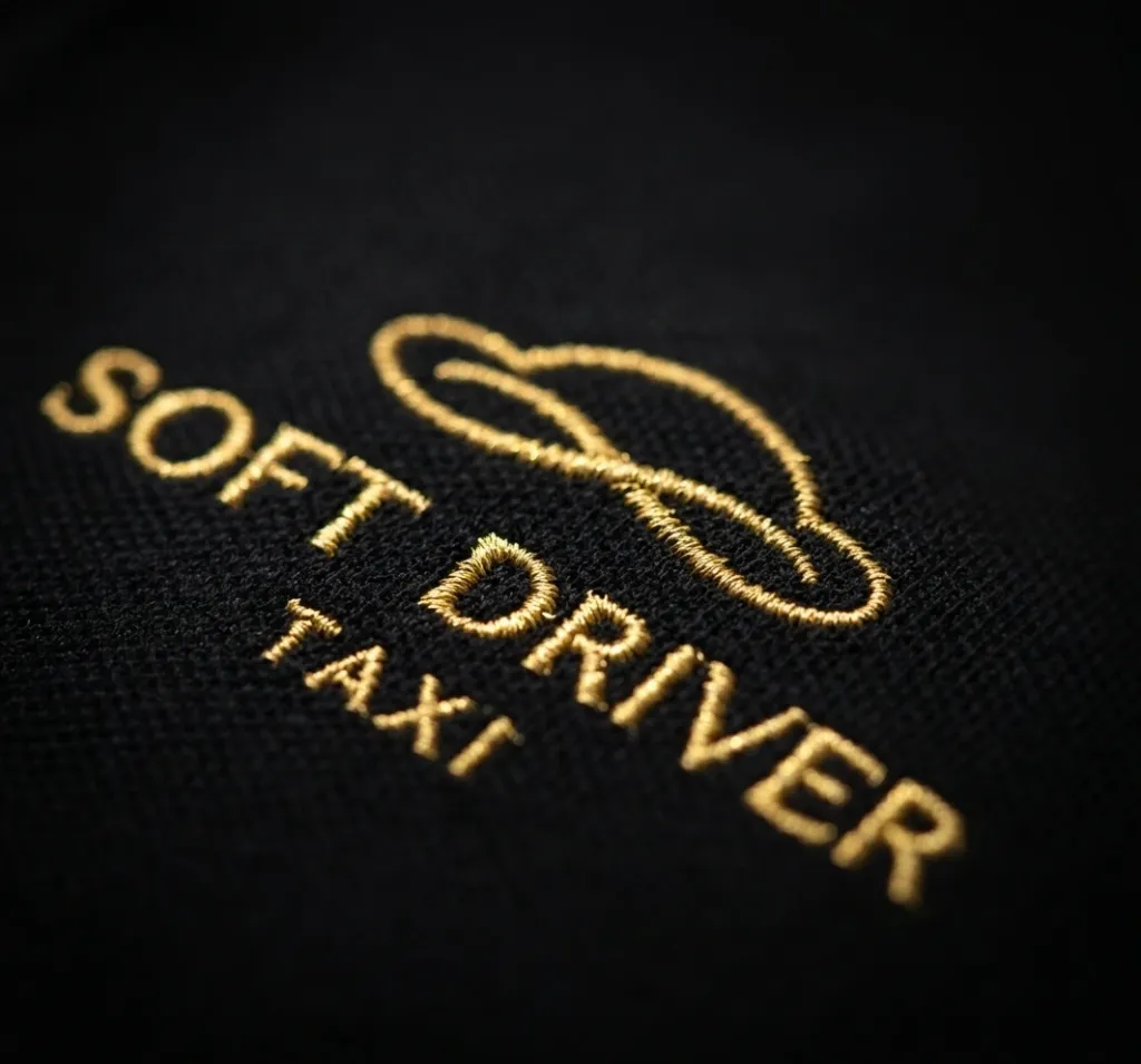 Macro de l'emblème brodé fil d'or Soft Driver Taxi sur tissu noir, détail de l'identité de marque chauffeur privé