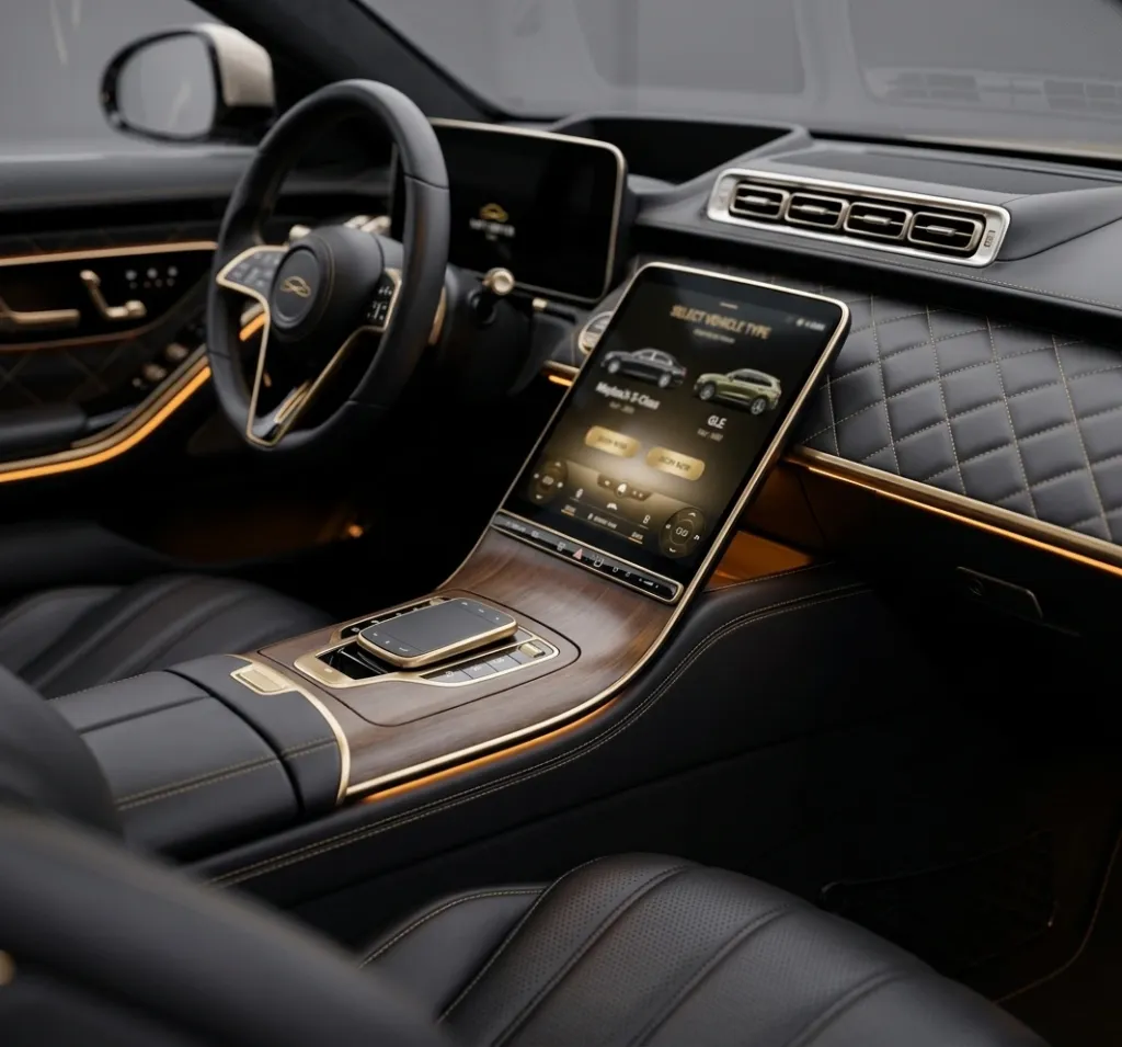 Tableau de bord d'une Mercedes Maybach avec écran intégré affichant l'interface de sélection de véhicule Soft Driver Taxi